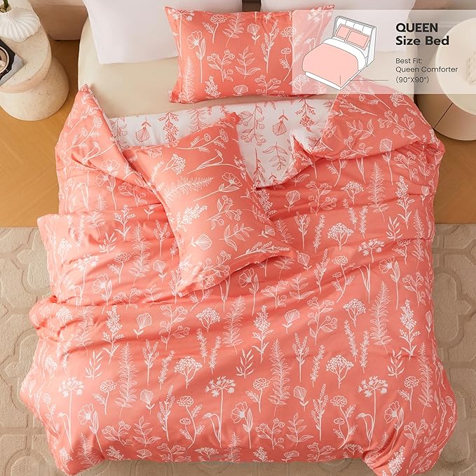 Joiedomi King Size Comforter Set Coral Orange, 3 Pieces Floral King Bedding Set with 1 Soft Reversible Botanical Comforter and 2 Pillow Shams, Bed in a Bag for All Seasons