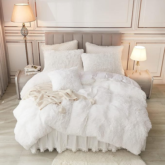 annadaif Plush Shaggy Duvet Cover, White Fluffy Comforter Cover Set Full Size, Fuzzy Faux Fur Bedding Set with Zipper Closure, Luxury Ultra Soft 3 Pieces (1 Duvet Cover, 2 Pillowcases)