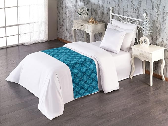 Lunarable Flower Bed Runner, Moroccan Flowers Design Geometric Blossoming Petal Pattern, Decorative Accent Bedding Scarf for Hotels Homes and Guestrooms, Twin, Ocean Blue
