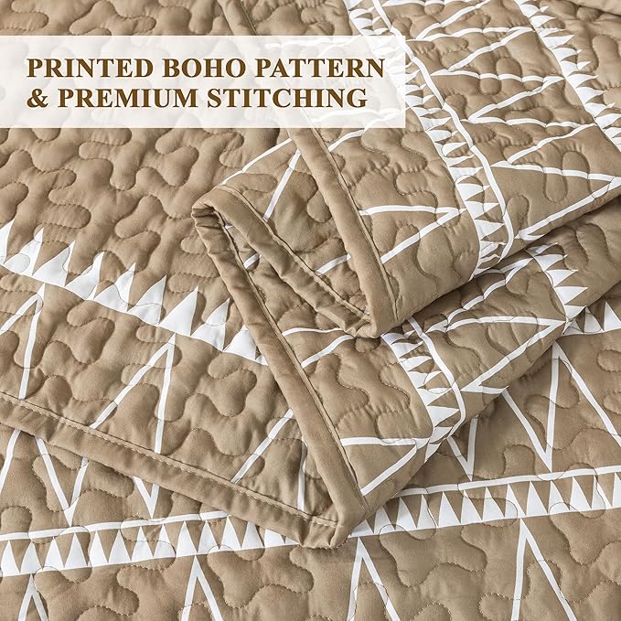 Andency Taupe California King Quilt Set, 3 Pieces Boho Lightweight Soft Striped Cal King Bedspread for All Season (112"x104"), Printed Bohemian Microfiber Reversible Coverlet Comforter Sets