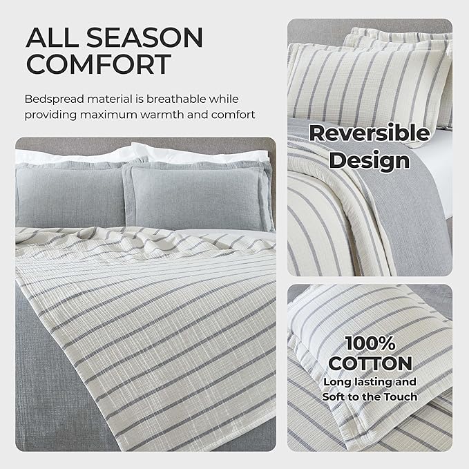 Superior 3 Piece Cotton Reversible Bedspread and Sham Set, Home Bed Decor, Decorative Bed Spread, 2 Pillow Shams, Medium Weight, Matelasse Coverlet Bedding, Valencia Collection, Queen Size, Blue