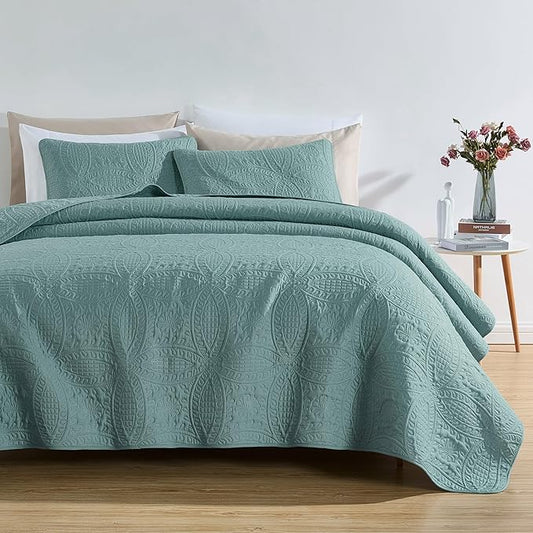 Chezmoi Collection Austin 3-Piece Oversized Bedspread Coverlet Set (Queen, Spa Blue)