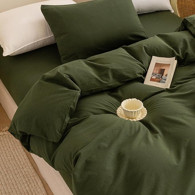 ECOCOTT Army Green Duvet Cover California King Size - 100% Washed Cotton Durable Soft Comfy Duvet Cover Set, 3 Pieces Duvet Cover with Zipper Closure (Army Green, 104''x98'')