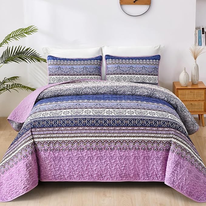 WONGS BEDDING Boho King Quilt Set, Purple Bohemian Quilt Bedding Set, Lightweight Bed Decor Bedspread for All Season Reversible Microfiber Coverlet Bedding Set 110"x90"(3 Pieces)