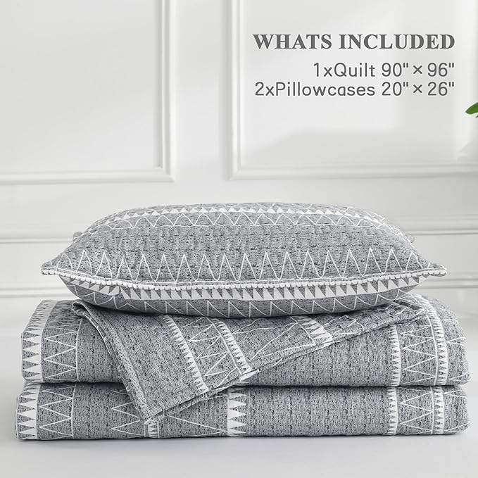Andency Grey Queen Quilt Bedding Set, 3 Pieces (1 Striped Boho Printed Quilt 90x96 Inch and 2 Pillowcases), Bohemian Summer Lightweight Reversible Microfiber Bedspread Coverlet Sets