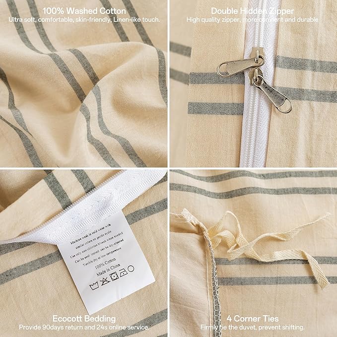 ECOCOTT Duvet Cover King Size - Linen Feel Organic Natural 100% Washed Cotton, Soft Breathable & Durable Bedding Set, Comfy Stripe Design for All Seasons