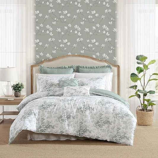 Laura Ashley - Twin Comforter Set, Premium Cotton Bedding with Matching Shams & Bonus Decorative Pillow Covers, Floral Home Decor, Oeko-Tex Certified (Toile Delight Green, Twin)