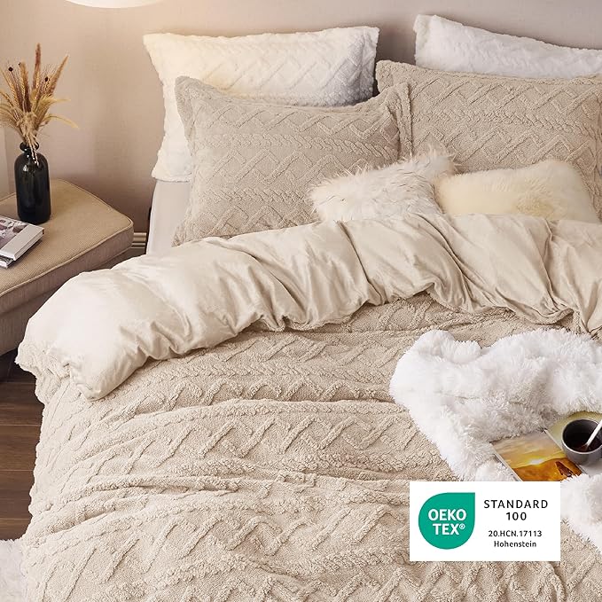 Bedsure Fluffy Flannel Duvet Cover Set- Faux Fur Comforter Cover King Size, Deep Beige Warm Plush Bedding for Winter, 3-Piece Set with Zipper Closure (104"x90") and 2 Pillow Shams