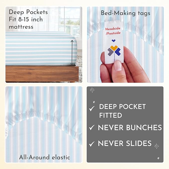 California Design Den Deep Pocket Twin Sheets Set - 400 Thread Count Sateen, Natural 100% Cotton Sheets, and Durable Bedding Set - Cape Stripe