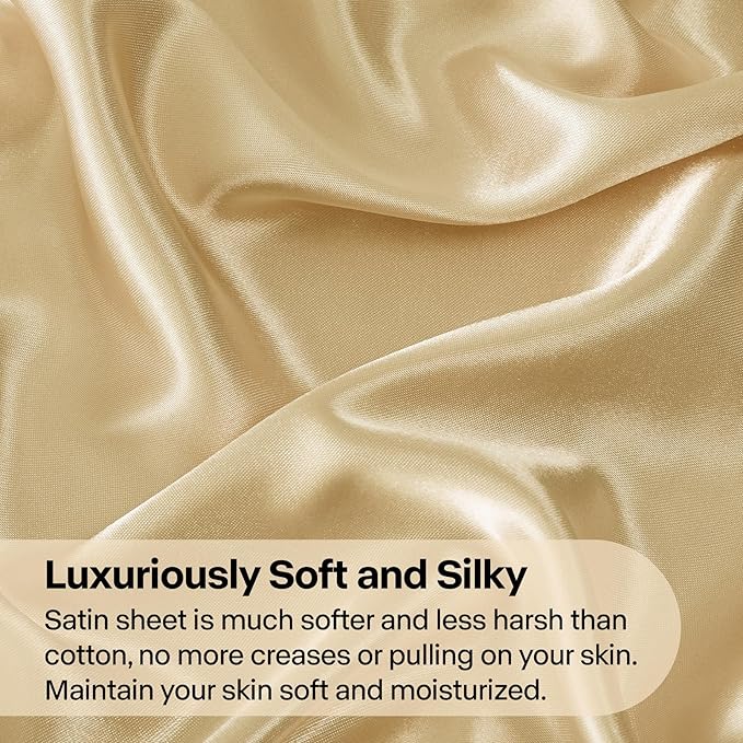BEDELITE California King Sheets Set, Luxury Soft Champagne Satin Sheets for Hair and Skin, Similar to Silk Bed Sheets Set 4 Pieces with 1 Deep Pocket Fitted Sheet, 1 Flat Sheet, and 2 Pillowcases