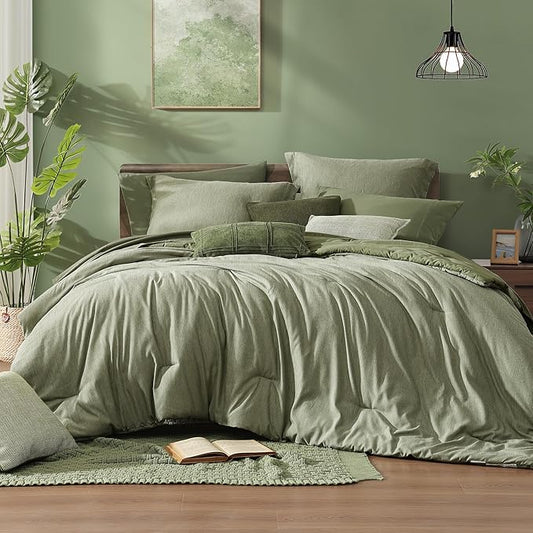 Monbix Oversized Queen Comforter Set - 7 Pieces Cationic Dyeing Sage Green Bed in a Bag Bedding Sets with Comforter, Sheets, Pillowcases & Shams, Reversible Bedding Comforters Sets