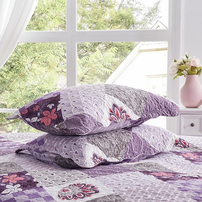 King Size Quilt Set 3 Pieces Lightweight Reversible Bedspread-98''x106'' Soft Patchwork Floral Coverlet Luxurious Warm Microfiber Bed Cover All Seasons Purple Bedding Set(1 Quilt,2 Pillow Shams)