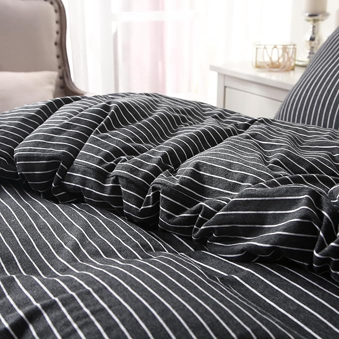 PURE ERA Jersey Knit Duvet Cover Set 100% T-Shirt Heather Cotton Super Soft Comfy Classic Striped Design, with Zipper Closure, Heather Black & White Pinstripe, Queen