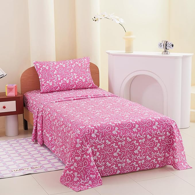 Kids Sheet Set Twin Size, Twin Sheet Set with Pink Bow Pattern，Breathable Silky Soft Microfiber Kids Fitted Sheet