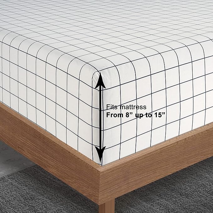 LANE LINEN Twin XL Fitted Sheet, 100% Organic Cotton 2-Piece Set (1 Fitted Sheet, 1 Pillowcase), Percale Weave, Lightweight, Soft, Breathable, Fits Mattress Upto 15" Deep - Windowpane (No Flat Sheet)