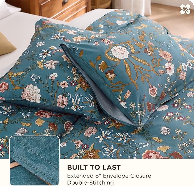 Bedsure 100% Cotton Reversible Floral Duvet Cover King Size - Botanical Shabby Chic Printed Comforter Cover with Zipper Closure & 2 Pillow Shams, No Comforter (Vintage Teal Floral 104"x90")