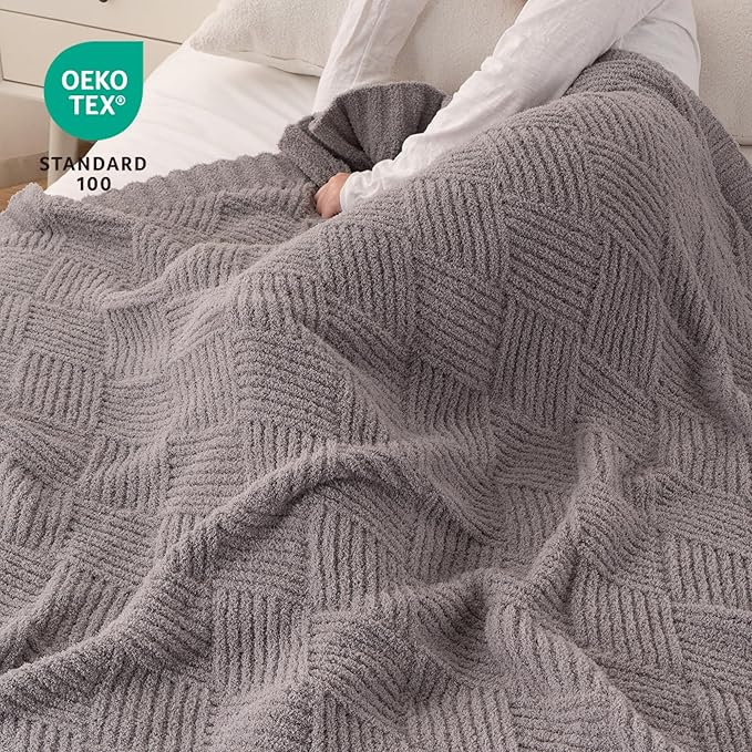 Battilo Grey Diamond Knit Throw Blanket for Couch and Bed, Soft Textured Chenille Blanket, Cozy Lightweight Decorative Blanket for Sofa, 50"x60"