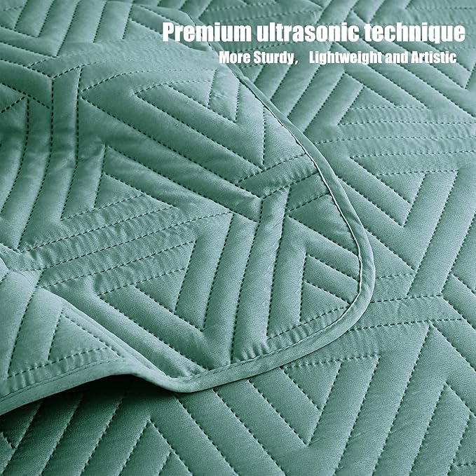 Whale Flotilla Soft King Size Quilt Set for All Seasons, 3-Piece Ultrasonic Geometric Quilts Bedding Set, Lightweight Reversible Bedspread, Coverlet, Bed Cover with 2 Pillow Shams, Turquoise Green