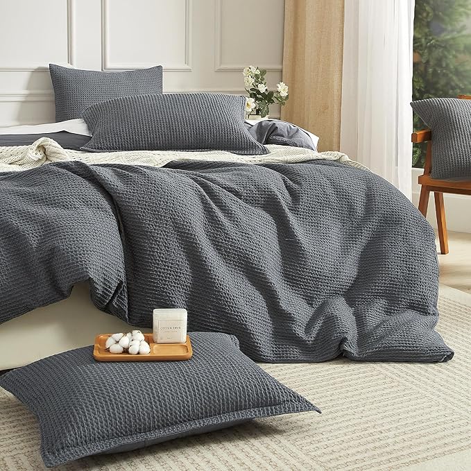 SE SOFTEXLY Waffle Duvet Cover Queen, 100% Cotton Waffle Weave Bedding Duvet Cover Set, Soft and Breathable Comforter Cover for All Season, 3 Pieces Including Pillow Shams（Dark Grey, 90”x90”）