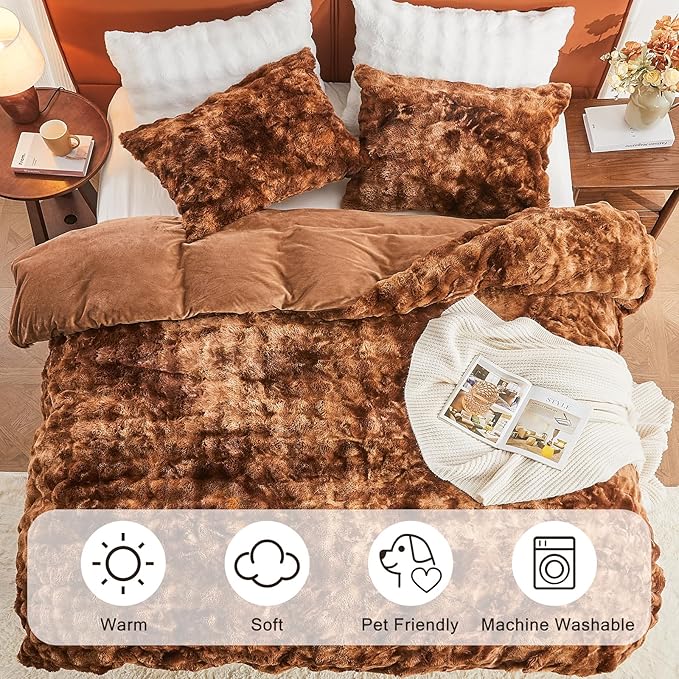 EMME Faux Fur Duvet Cover Twin Size, 2 Pieces Ultra Soft Fluffy Comforter Cover, Cozy Warm for Winter, Luxury Elegant Shaggy Bubble Design Bedding, 1 Duvet Cover & 1 Pillow Shams (Twin, Tie Dye Brown)