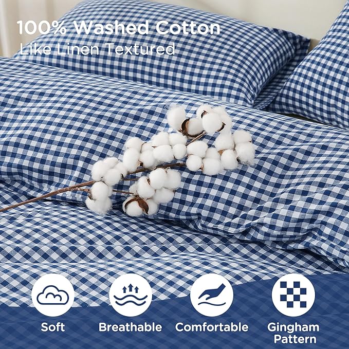TOCOMOA Navy Blue Gingham Duvet Cover Bedding Set 100% Washed Cotton Like Linen Feel Super Soft Comfy 3 Piece Dark Blue Plaid Checkered Comforter Cover Set (Queen 90"x90", Comforter Not Included)