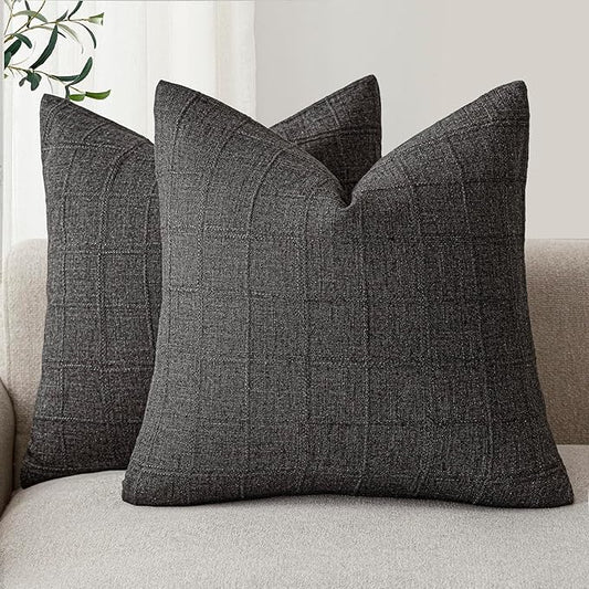 Foindtower Set of 2 Decorative Linen Check Throw Pillow Covers Neutral Farmhouse Vintage Cushion Covers Modern Boho Home Decor for Sofa Chair Couch Bedroom Living Room,20×20 Inch,Charcoal