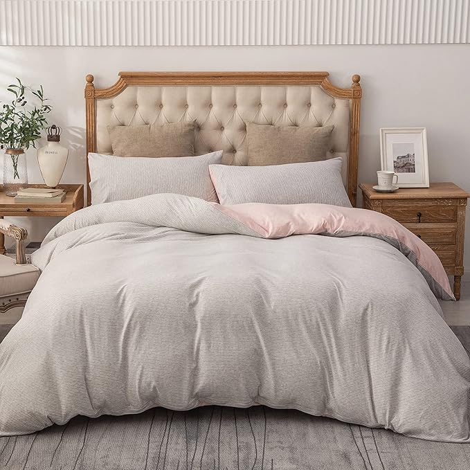 PURE ERA Jersey Knit Duvet Cover Set 100% T-Shirt Heather Cotton Super Soft Comfy Classic Striped Design, with Zipper Closure, Grey Light Pink Pinstripe, King.