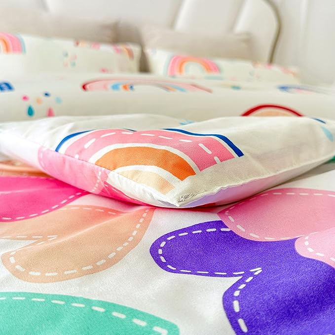 Btargot Lightweight Soft 3 Piece Rainbow Comforter Set with 2 Pillow Covers, Cartoon Love Hearts Flowers and Grass Bedding Set for Girls Boys Kids, Twin Multi-Color