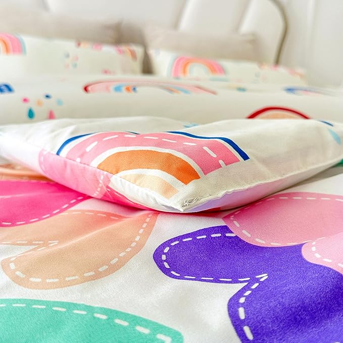 Btargot Lightweight Soft 3 Piece Rainbow Comforter Set with 2 Pillow Covers, Cartoon Love Hearts Flowers and Grass Bedding Set for Girls Boys Kids, Full Multi-Color