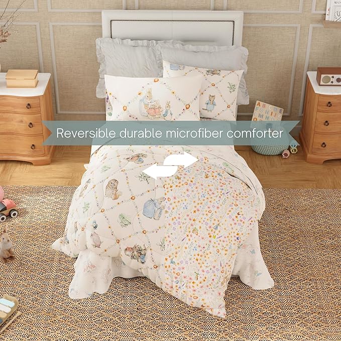 Peter Rabbit Book Bedding Set, Twin Size 5-Piece Super Soft Fluffy Reversible Comforter & Sheet Set with Sham, Storybook Friends Easter & Spring, (100% Officially Licensed Product) by Franco Heritage