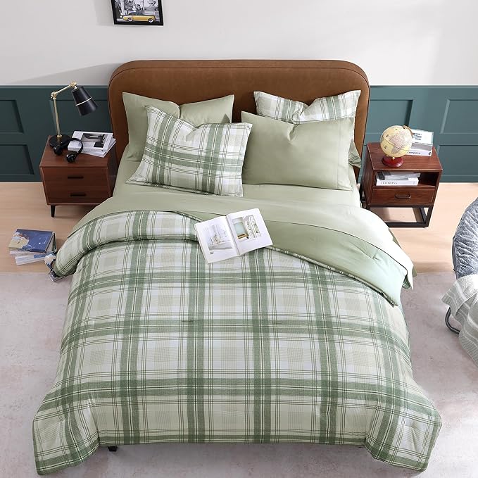 Twin XL Comforter Set, Green Plaid Bedding Set 5 Piece for Boys Girls Teen, Classic Homestead-Style Kids Comforter Set Bed in A Bag with Sheets, Pillowcase & Sham