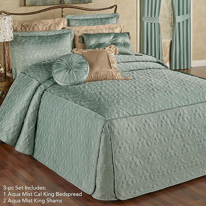 Cambridge Classic Luxury Bedding | Cool Aqua Mist Solid Color Polyester Satin | Elaborate Damask Quilting | Fitted, Oversized 24 Inch Drop | 3 Piece Bed Set Includes Cal King Bedspread & 2 King Shams