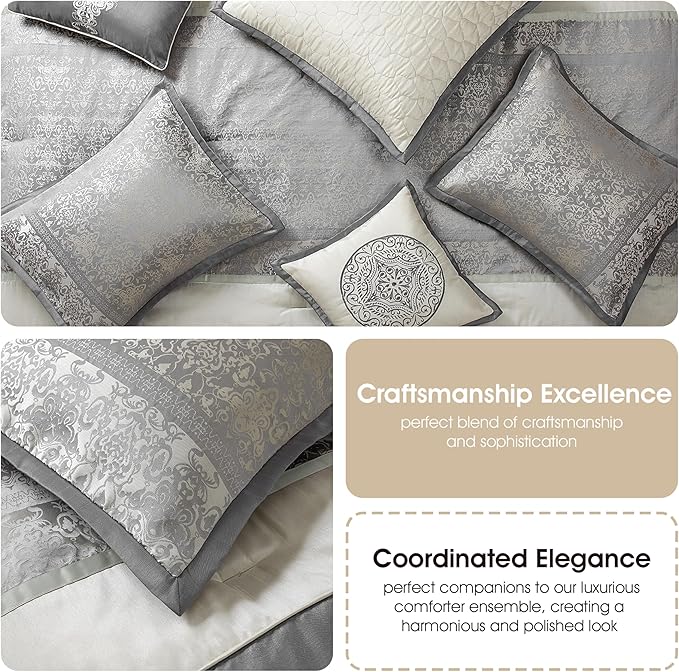 Grand Avenue Silver/Ivory Damask Patchwork King Comforter Set, 8 Piece, Jacquard Pillow Sham, Bedskirt, Decorative Pillow, All Season Bedding Set