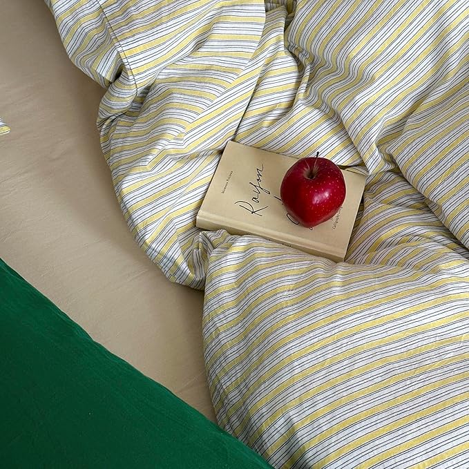 mixinni Vintage Geometric Striped Duvet Cover Set - 3 Piece 100% Washed Cotton Full Size Bedding Set with Matching Pillowcases | Mid-Century Modern Design | Ultra Soft & Breathable-Full Size