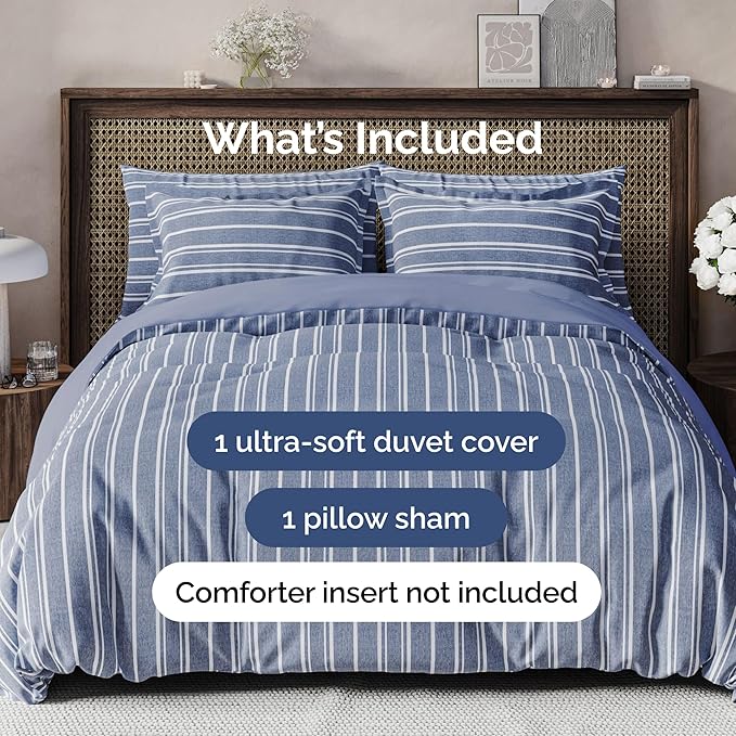 Duvet Cover Twin/Twin XL Size - Extra Soft Twin/Twin XL Size Duvet Cover - Lightweight, Breathable & Cozy w/ Zipper Closures and Ties - 68" x 90" Inches - (Blue Stripes 3) Comforter Not Included