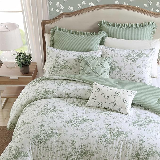 Laura Ashley - Twin Comforter Set, Premium Cotton Bedding with Matching Shams & Bonus Decorative Pillow Covers, Floral Home Decor, Oeko-Tex Certified (Toile Delight Green, Twin)