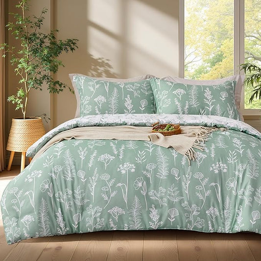 Joiedomi Queen Comforter Set, Sage Green 3 Pieces Floral Queen Bedding Set for Girls Bed with 1 Soft Reversible Botanical Comforter and 2 Pillow Shams, Bed in a Bag for All Seasons