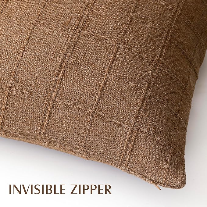 Foindtower Set of 2 Decorative Linen Check Throw Pillow Covers Neutral Long Body Lumbar Cushion Covers Farmhouse Vintage Boho Home Decor For Sofa Chair Couch Bedroom Living Room,14×36 Inch,Brown Hazel