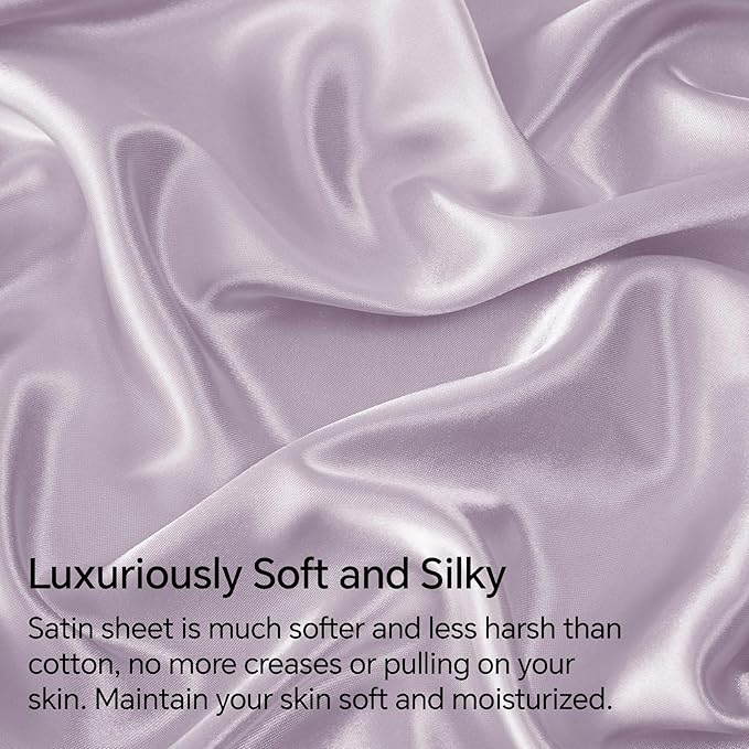 BEDELITE California King Sheets Set, Luxury Soft Lavender Satin Sheets for Hair and Skin, Similar to Silk Bed Sheets Set 4 Pieces with 1 Deep Pocket Fitted Sheet, 1 Flat Sheet, and 2 Pillowcases