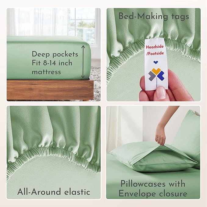 California Design Den Full Sheet Set - Natural 100% Cotton Sheets, Soft Sateen Weave, Fully Elasticized Deep Pockets, Breathable and Durable Bedding - Frosty Green