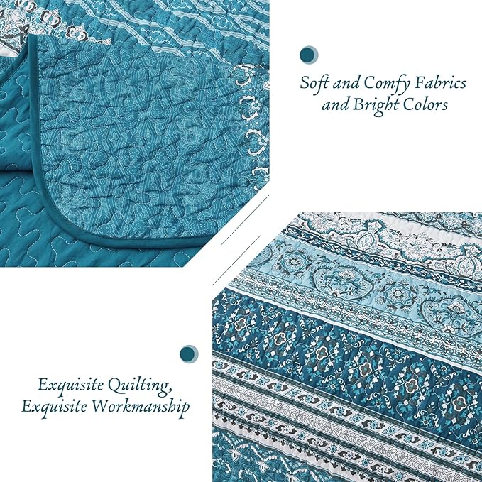 WONGS BEDDING Boho Quilt Set Full, Teal Blue Bohemian Quilt Bedding Set, Ultra Soft Lightweight Bedspread for All Season Reversible Microfiber Coverlet Bedding Set 90"x78"(3 Pieces)