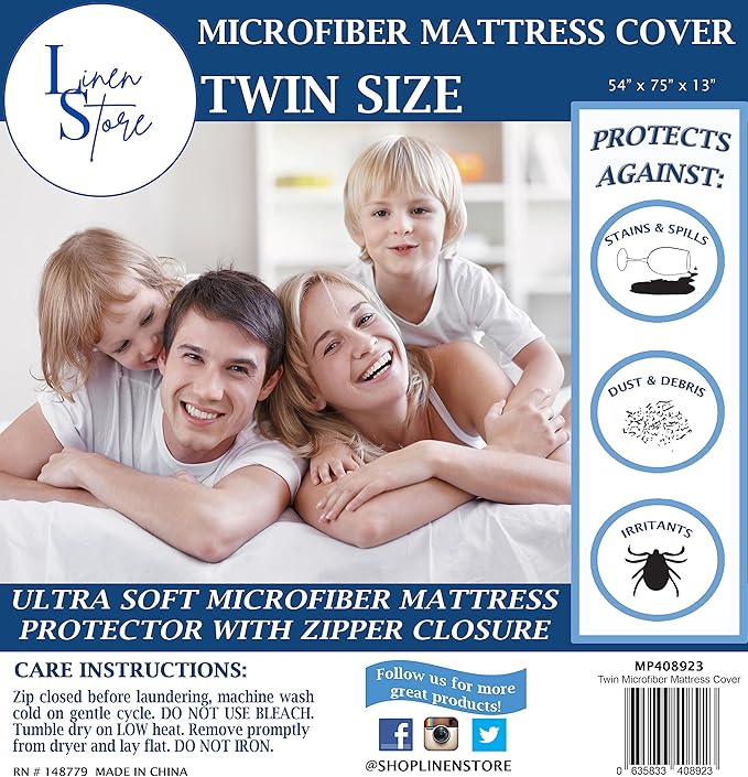 Linen Store Premium Mattress Protector Cover Microfiber Waterproof Zippered Mattress Encasement Cover, Velcro Zip, Ultra Soft - Twin Size