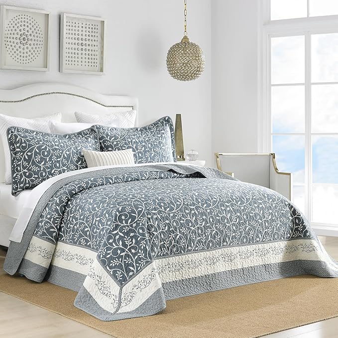 Oversized King Bedspread 120"x120", 100% Cotton Extra Large King Quilt with 2 Pillow Shams, Lightweight Farmhouse Quilted Bedspreads Coverlet Set, Grayish-Blue/Off-White, 3 Pcs