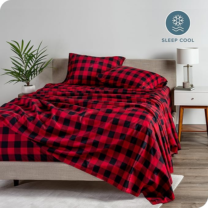 Bare Home King Sheet Set - Luxury 1800 Ultra-Soft Microfiber Double Brushed - Deep Pockets - 4 Piece Set - Bedding Sheets & Pillowcases (King, Buffalo Plaid - Red/Black)