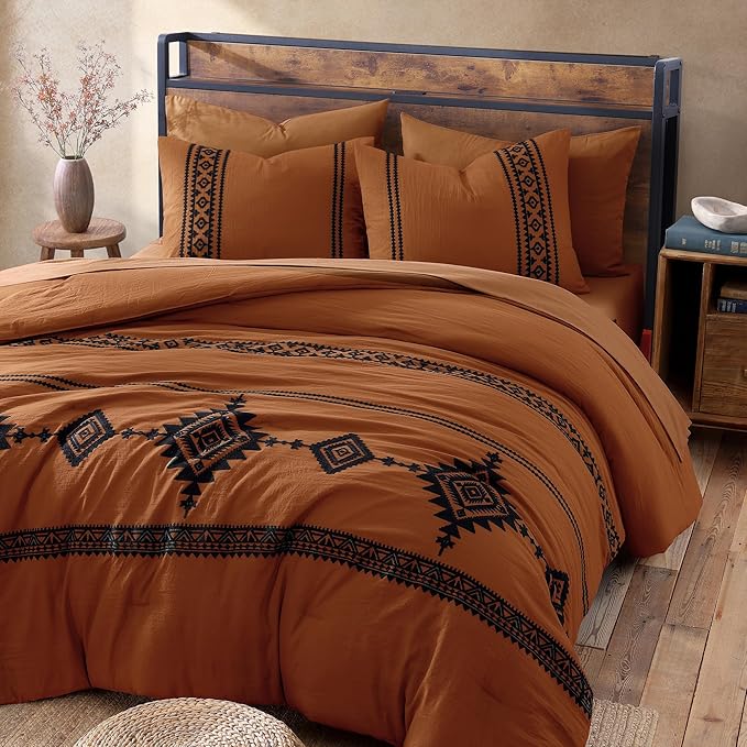 MaiRêve Super King Plus Comforter Set Burnt Orange, Embroidery Western Boho Bedding Set 7 Pieces, All Season Farmhouse Bed in A Bag Comforter Set with Sheets, Pillowcases & Shams