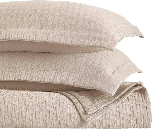 Superior 3 Piece Cotton Bedspread Set, Home Bed Decor, Decorative Bed Spread, 2 Pillow Shams, Medium Weight Blanket, Matelasse Coverlet, Bedding Essentials, Calvert Collection, King, Beige