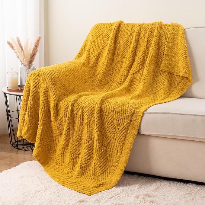 Battilo Yellow Diamond Knit Throw Blanket for Couch and Bed, Soft Textured Chenille Blanket, Cozy Lightweight Decorative Blanket for Sofa, 50"x60"