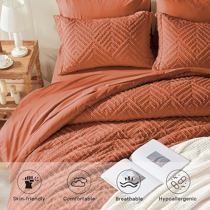 Zzlpp Twin Comforter Set 5 Pieces, Burnt Orange Tufted Bed in a Bag with Comforter and Sheets, All Season Boho Bedding Sets with 1 Comforter, 1 Pillow Sham, 1 Pillowcase, 1 Flat Sheet, 1 Fitted Sheet