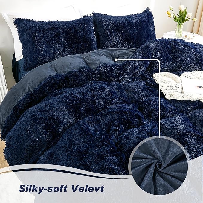 annadaif Fluffy Duvet Cover Full Size, Navy Blue Plush Shaggy Faux Fur Comforter Cover Velvet Bedding Set with Zipper Closure(1 Duvet Cover, 2 Pillowcases)