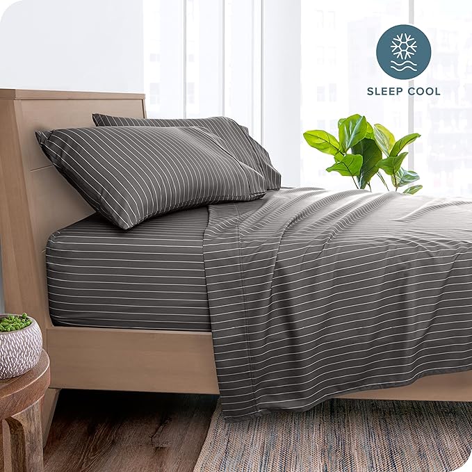 Bare Home Split King Sheet Set - 1800 Ultra-Soft Microfiber Double Brushed - Deep Pockets - Easy Fit - 5 Piece Set - Bed Sheets (Split King, Pinstripe - Grey/White)